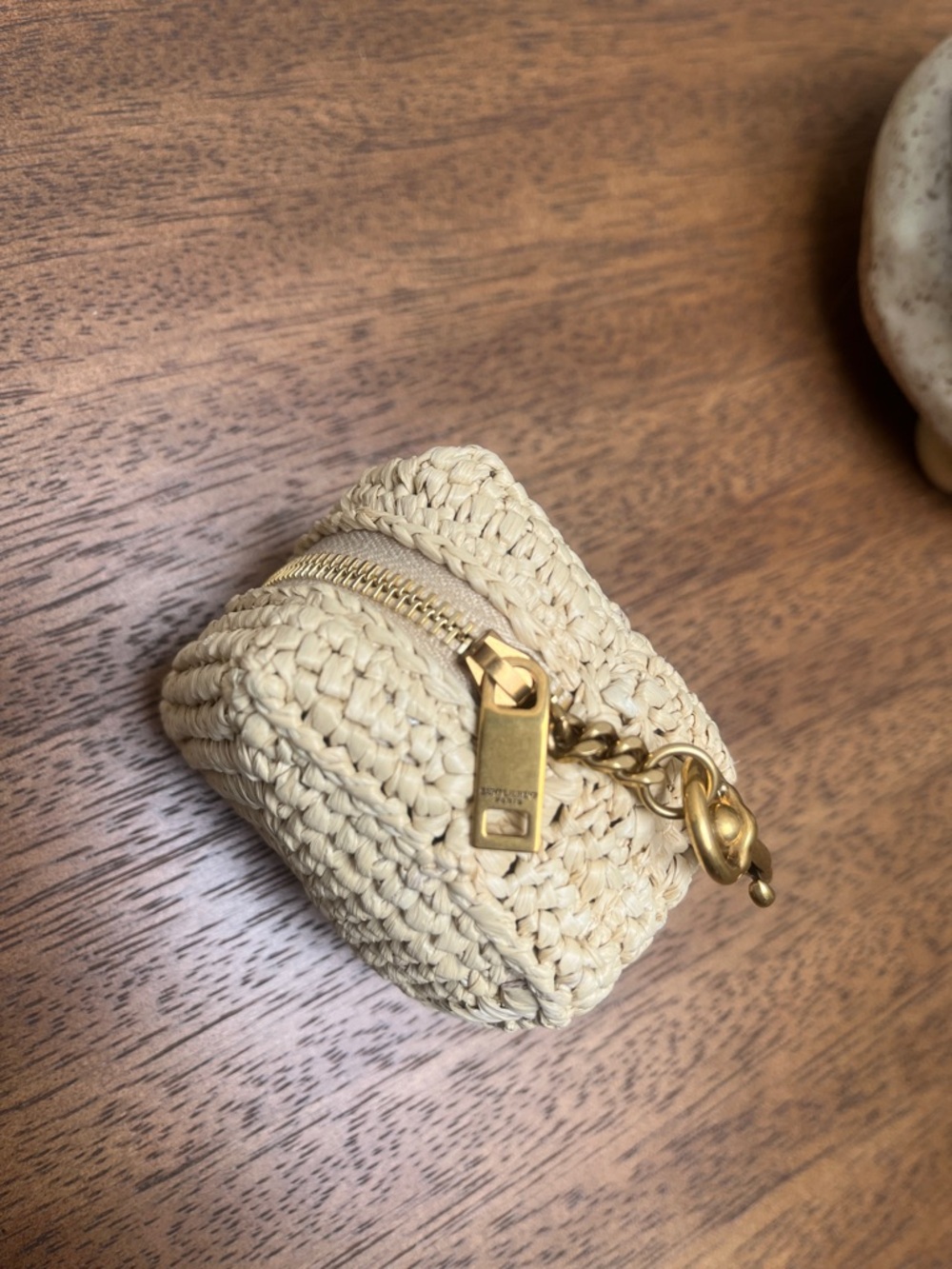 YSL Raffia Keychain Cube Charm in Natural Beige with Gold Hardware - Picture 8 of 10